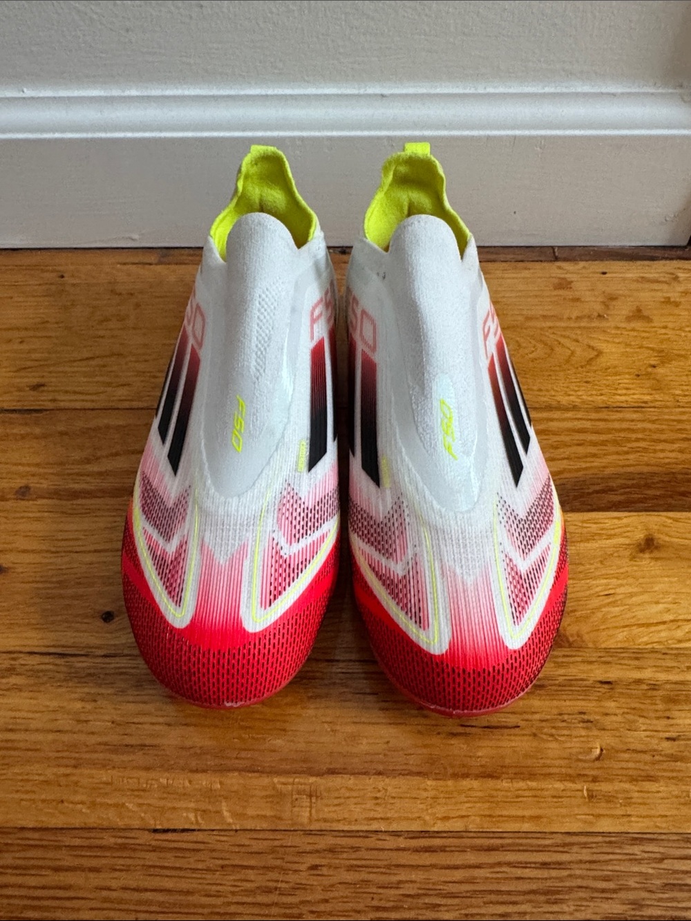 adidas Kids White, Red & Neon Yellow Slip-On Gradient Soccer Cleats